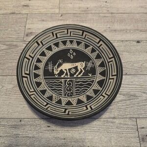 Handmade Greek Ceramic Plate Black White Sgraffito Goat Meander Design 4.5 Inch